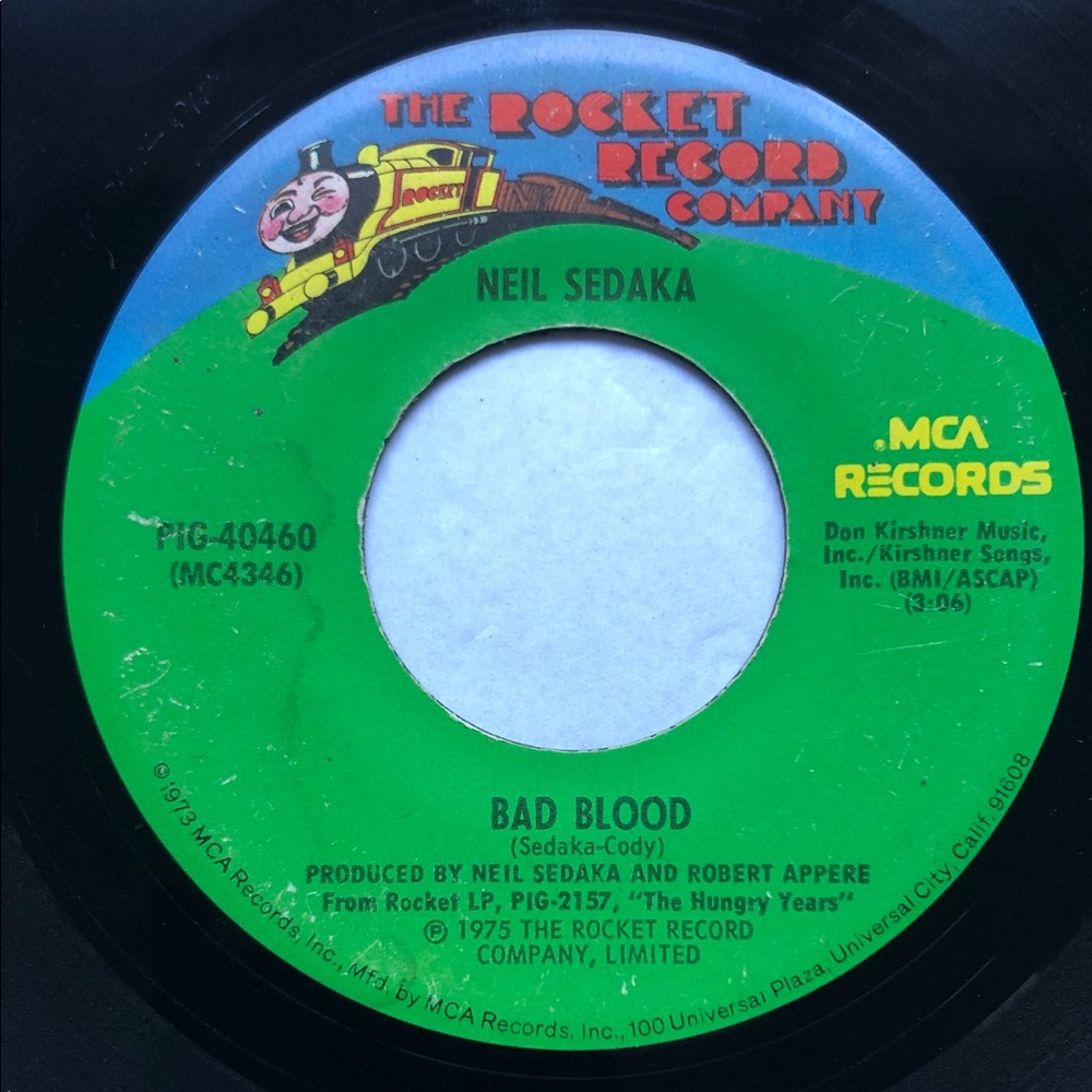 Neil Sedaka Bad Blood/Your Favorite Entertainer 7" 45 Vinyl Record